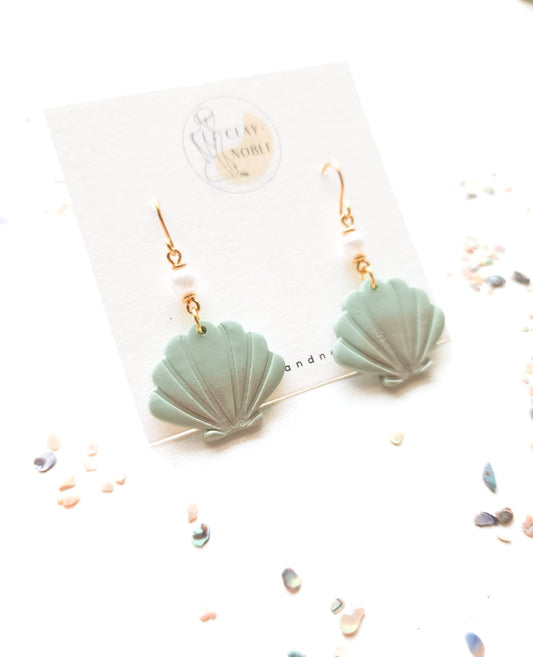 Green seashell and pearls dangles